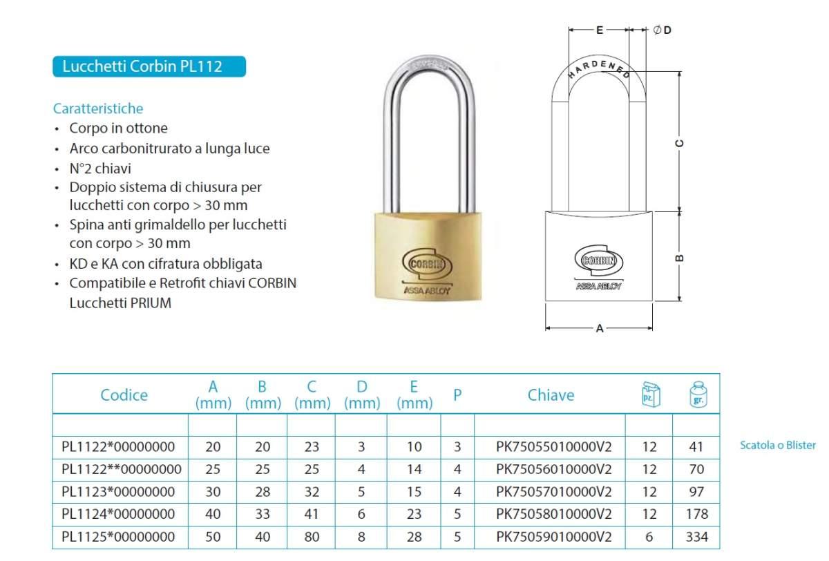 Lucchetto arco in ottone corbin gancio lungo mm 25