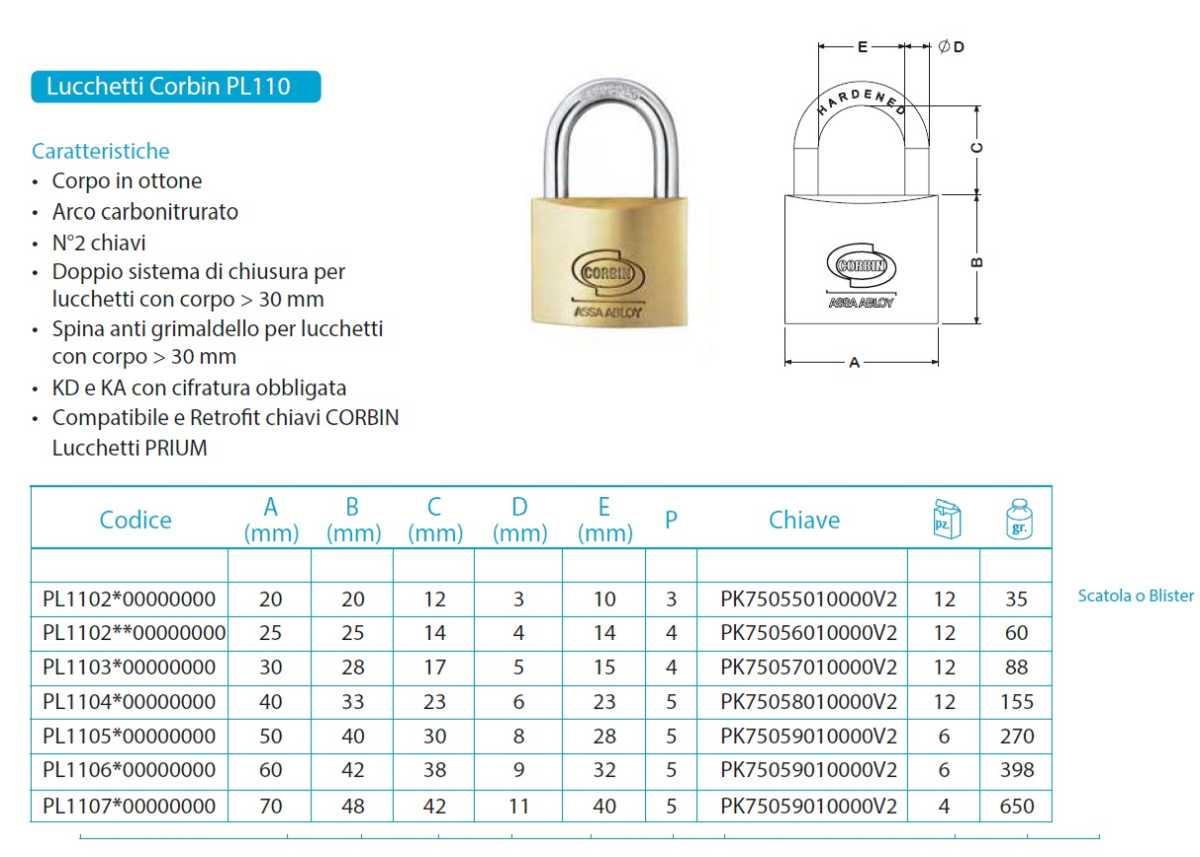 Lucchetto arco in ottone corbin chiave unica ka mm 40